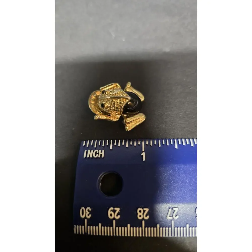 Gold Tone Frog Lapel Pin Black Cabochon Jelly Belly Tie Tack Costume Jewelry